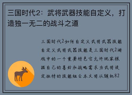 三国时代2：武将武器技能自定义，打造独一无二的战斗之道