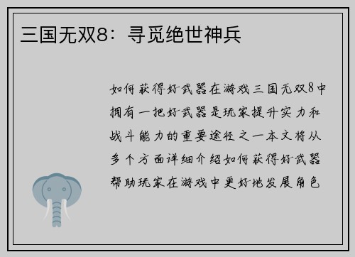 三国无双8：寻觅绝世神兵